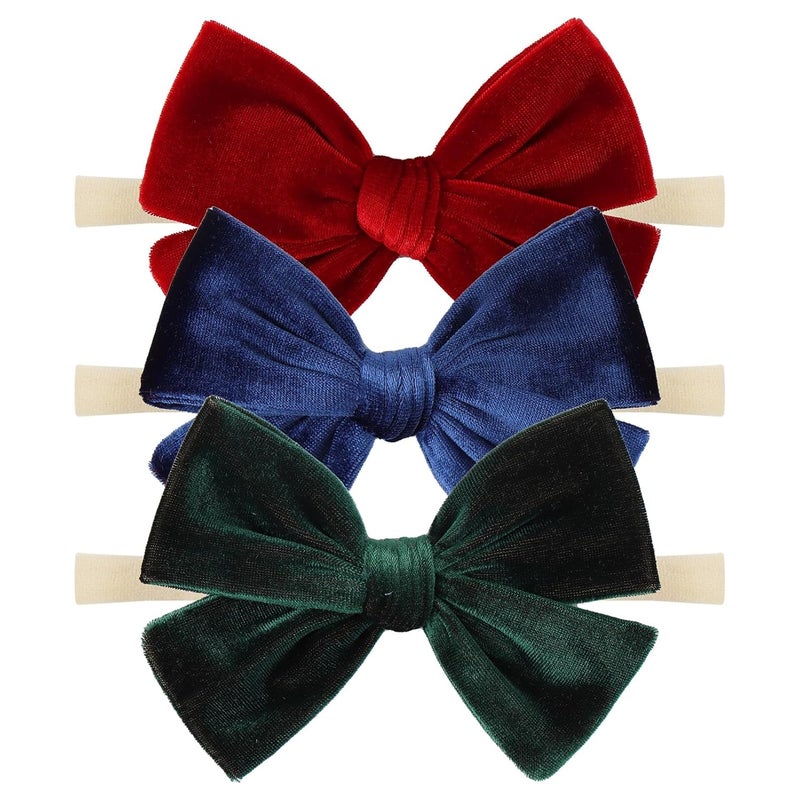 ONENINEDREAM Baby Girls 4" Velvet Hairband Handmade Tied Bow Elastic Nylon Hair Accessories, 3 Pcs Red, Green, Dark Green - Image 1